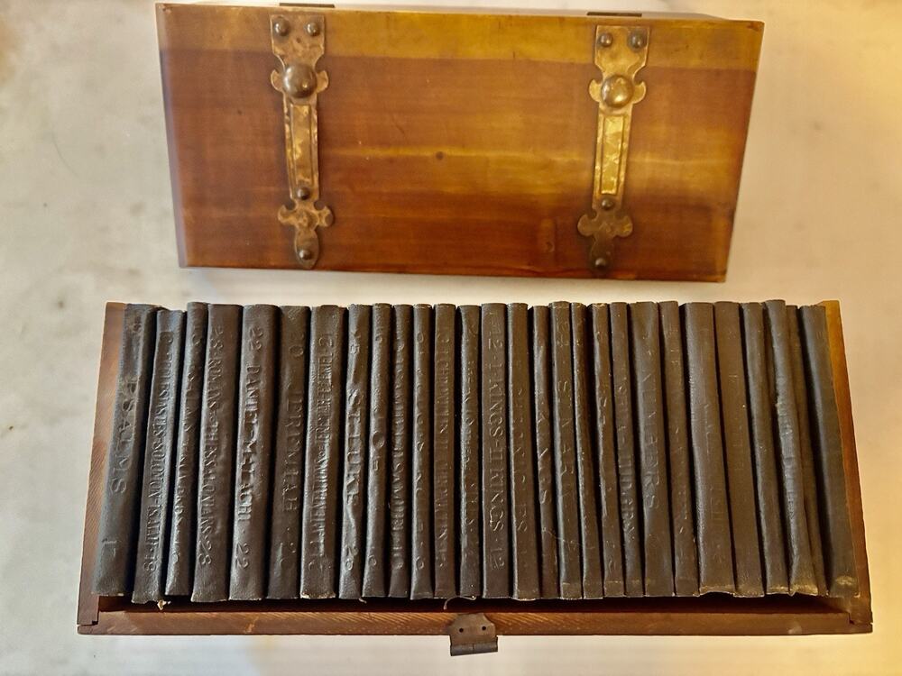 Antique Holy Bible Religious Mini Wood Box 1920 books 28 volume set as is *read*